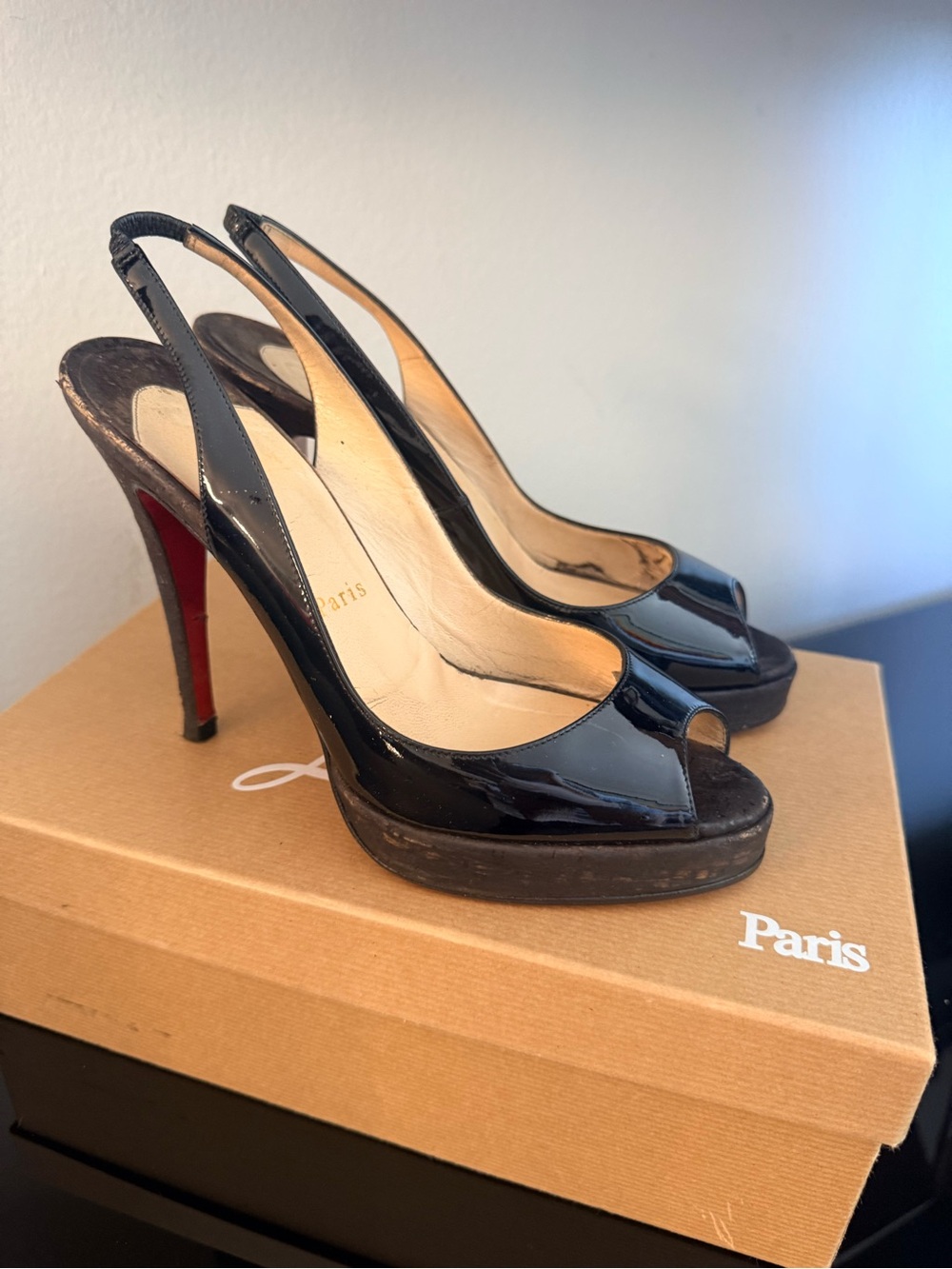 Christian Louboutin Black Patent Peep-Toe Slingback Heels with Red Soles